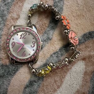 Silver Bracelet Watch with Pink Accents & Floral Charms